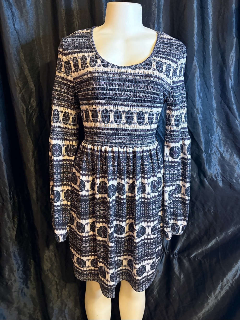 About A Girl Navy and White Printed Long-Sleeve Dress